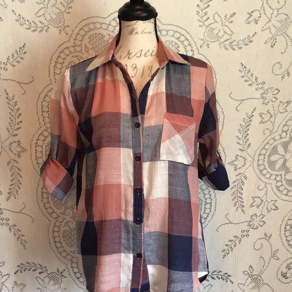 Plaid, Linen Look Button Down